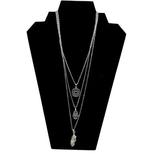 Layered Antique Silver Pendant Necklace With Compass Hamsa Hand & Feather Charms - Picture 1 of 12